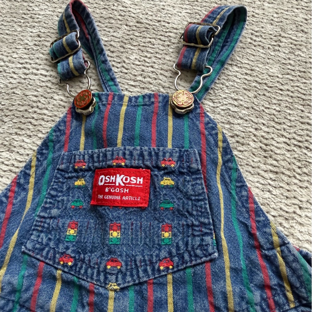 Vintage‎ OshKosh B’Gosh Baby Denim Overalls Car Print Rainbow Striped Trim 18M